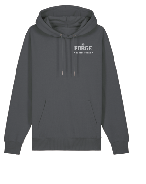A charcoal gray hoodie with 'FORGE' logo on the front.