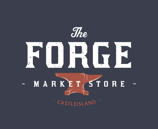 forge logo with charcoal background, white text and red anvil