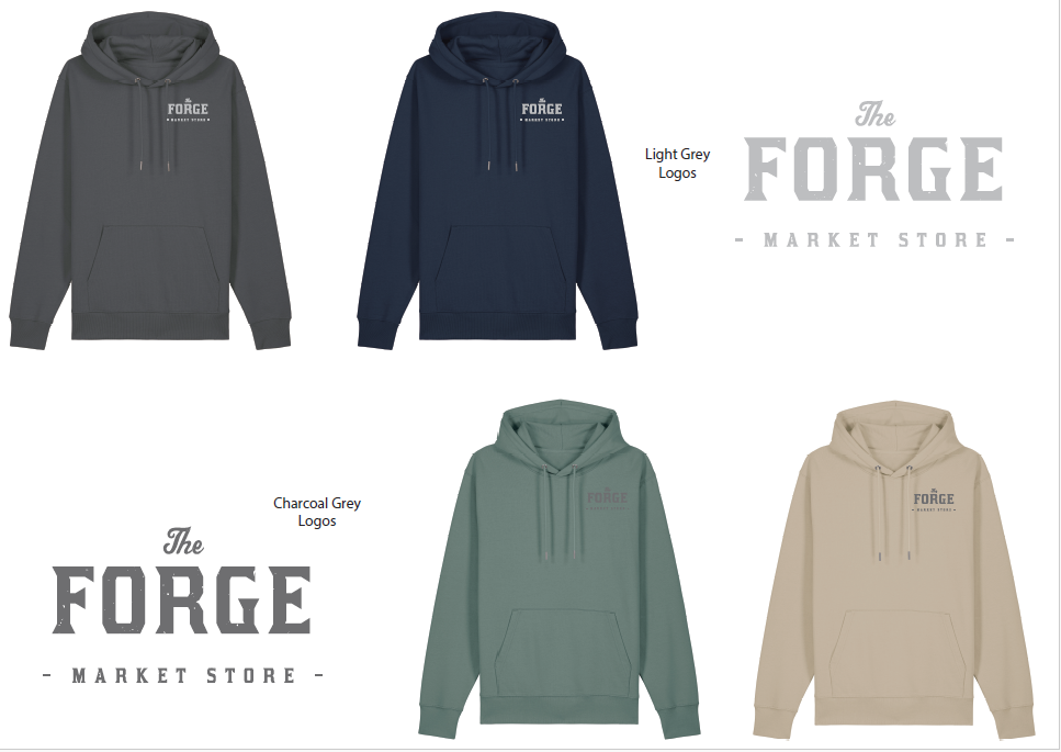 Forge hoodies available in four colours, charcoal gray, navy, green and beige