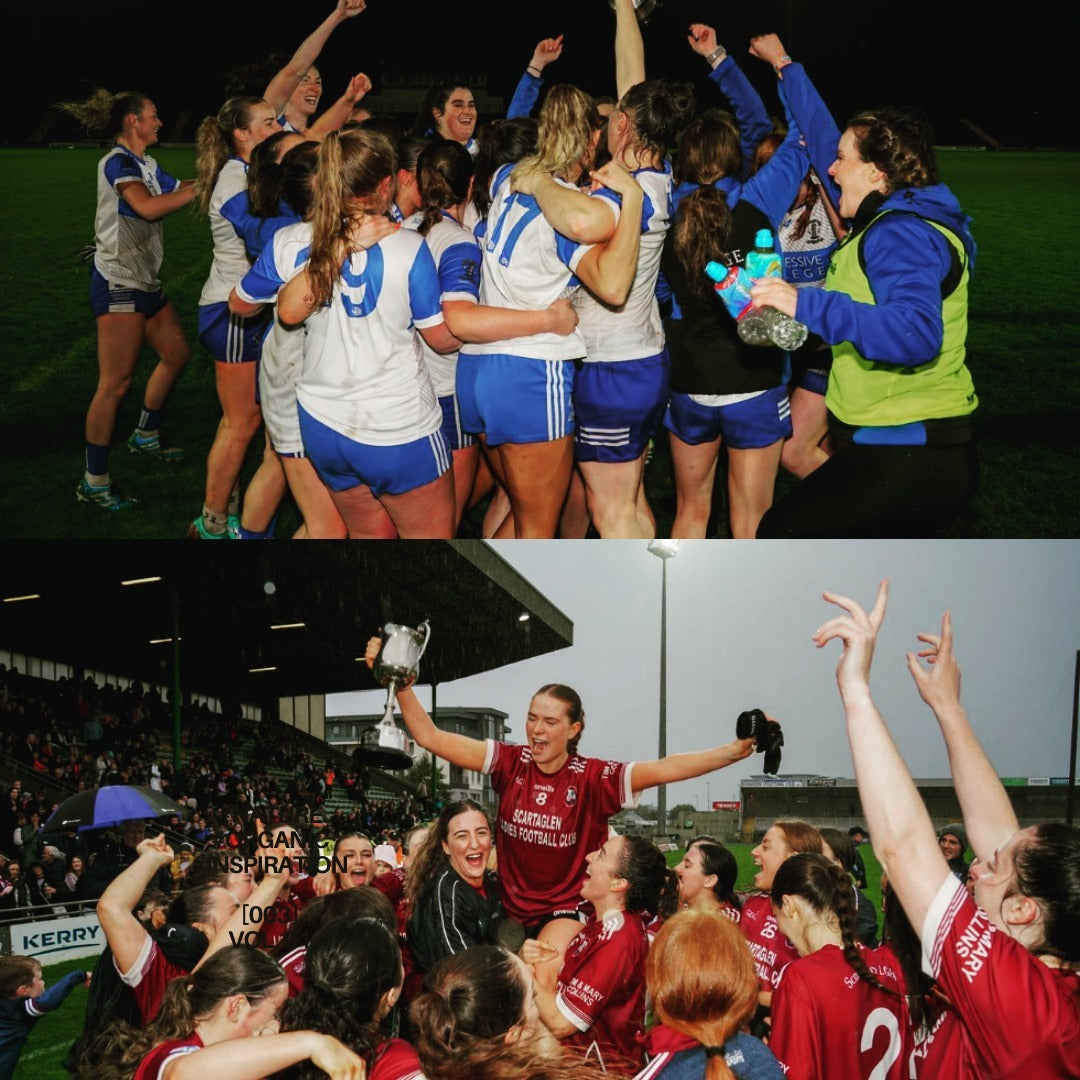 Split image showing two women's football teams celebrating championship wins. The top half shows players in white and blue kits cheering on the pitch. The bottom half shows a player in a maroon kit being lifted by teammates while holding a trophy.