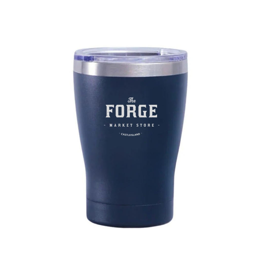 340ml Navy blue stainless steel travel tumbler with silver base and lid rim, featuring white text that reads "The Forge Market Store - Castleisland