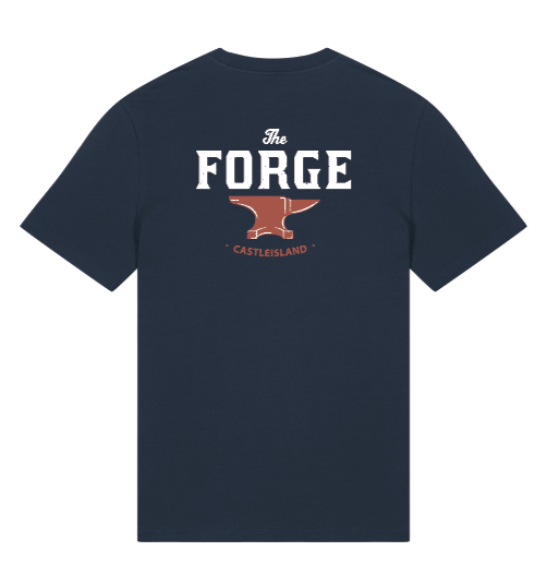 Back of Navy crew neck t-shirt with large The Forge logo in the centre