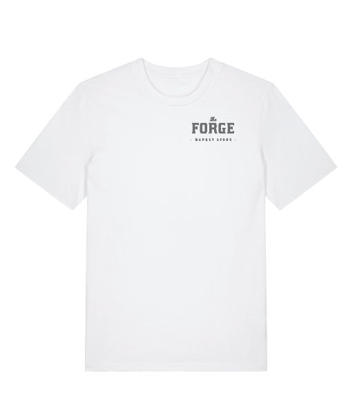 White crew neck t-shirt with the Forge logo on the front