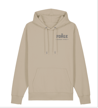 A beige hoodie with 'FORGE' logo on the front.