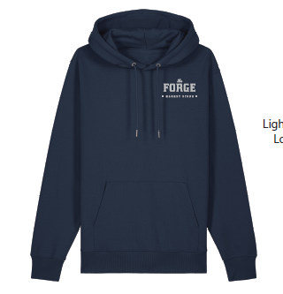 Navy blue hoodie with 'FORGE' logo on the front, lightweight, with a front pouch pocket.